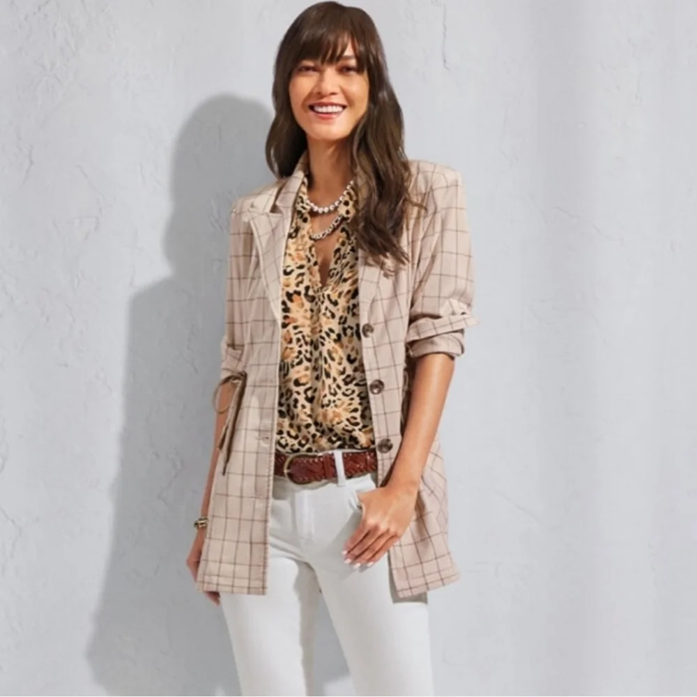 Cabi Windowpane Jacket Style # 6026 Taupe Cinched Waist Size Small